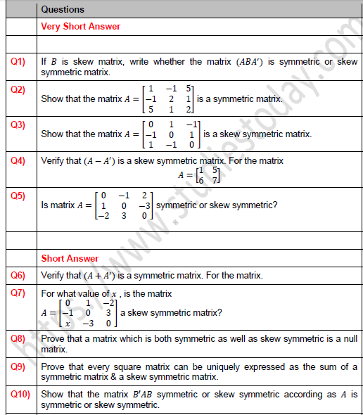 Matrices Worksheet With Answers Pdf Class 12